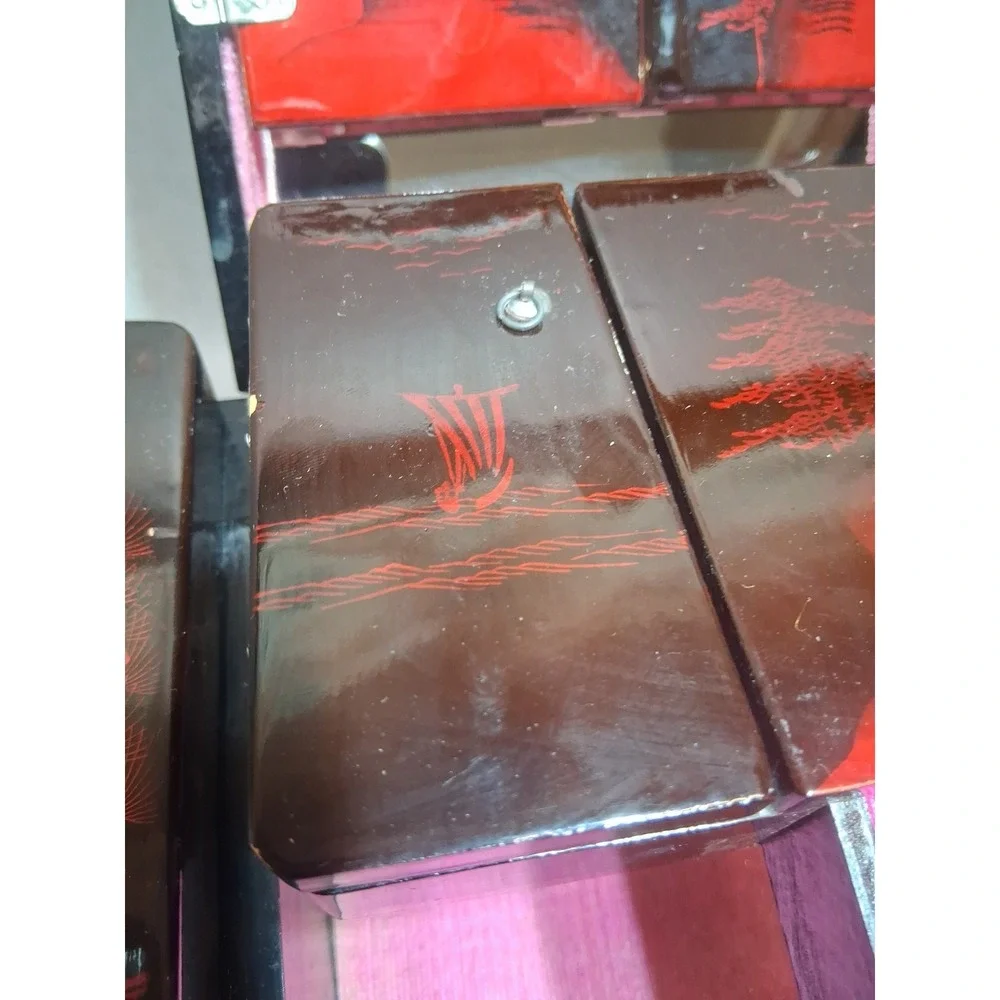 Japanese Black and Red Lacquered Musical Jewelry Box Circa 1970 With Key